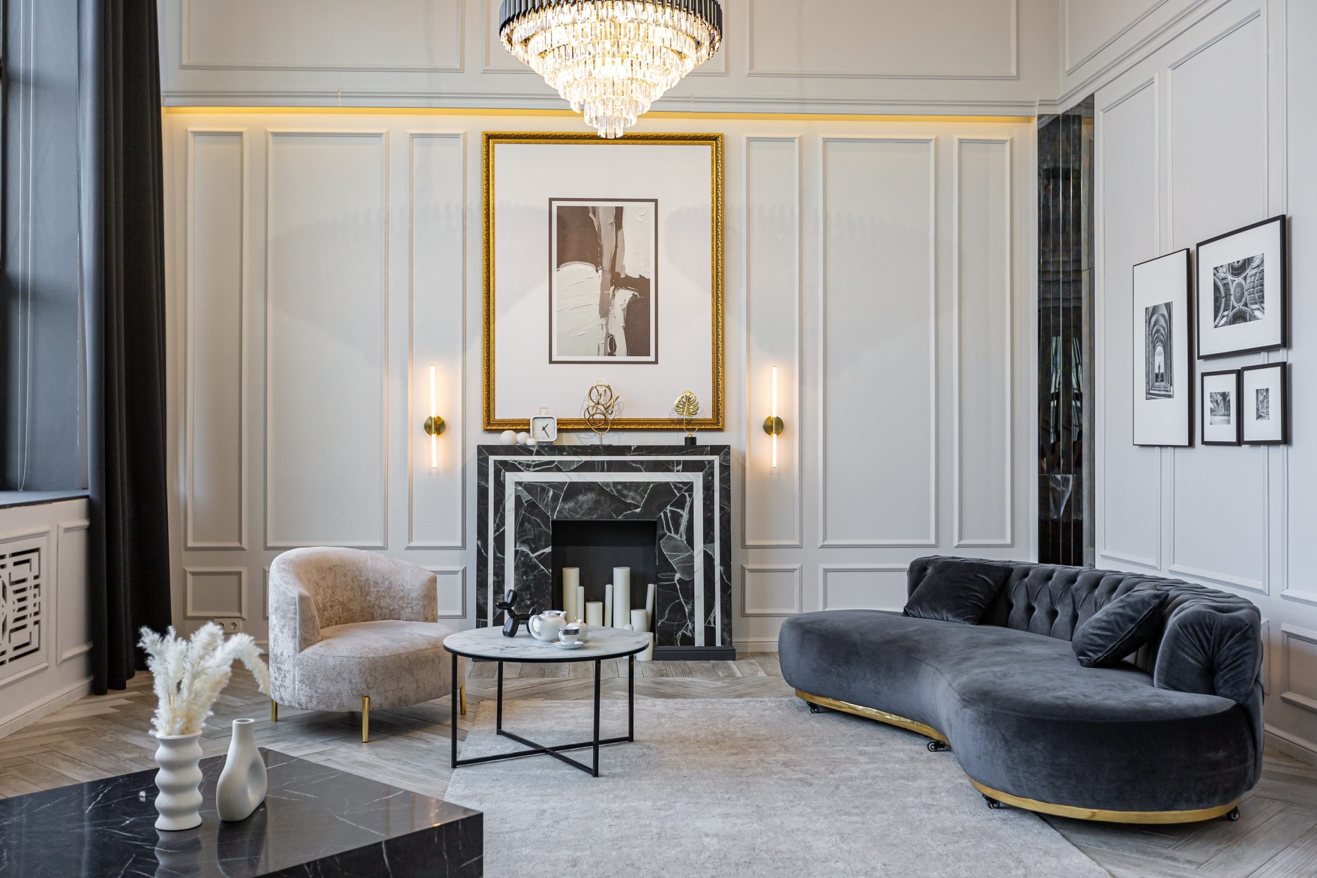 Modern,Living,Room,In,A,Historical,Style,With,A,Marble